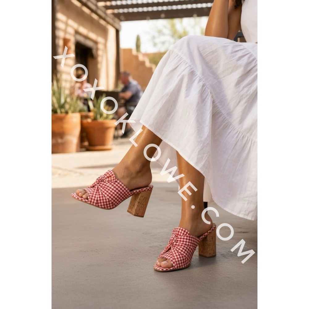QUPID Red Gingham Knotted Mule Sandals | Checkered Block Heel Slip On Shoes - Picture 10 of 10